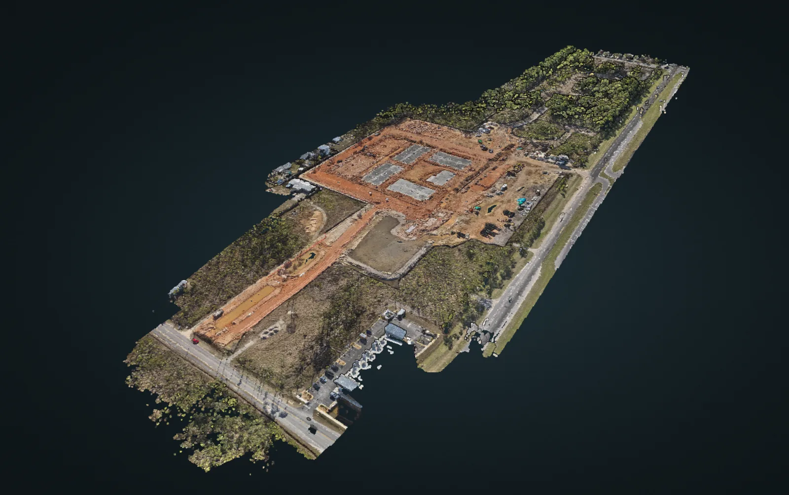 A textured model places the foundation-stage work within the surrounding site.