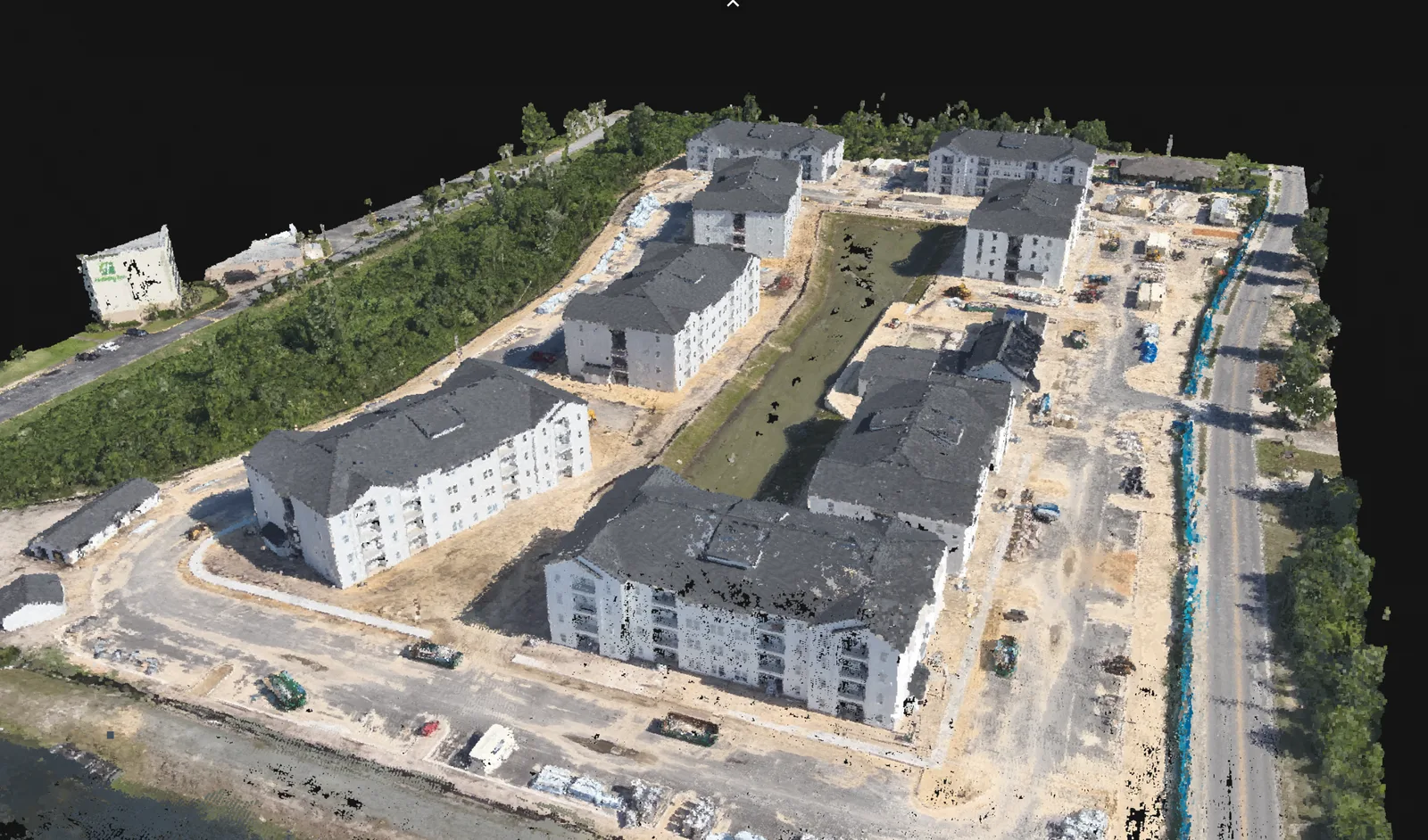 An alternate model view shows the visible buildings and site layout together.
