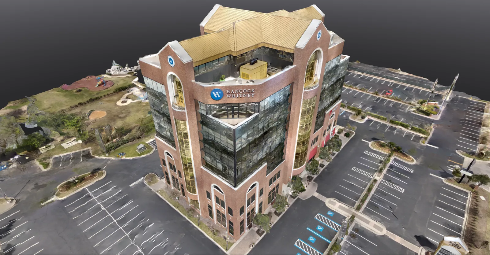 Another view of the same recognizable building shows its roof and alternate facades.