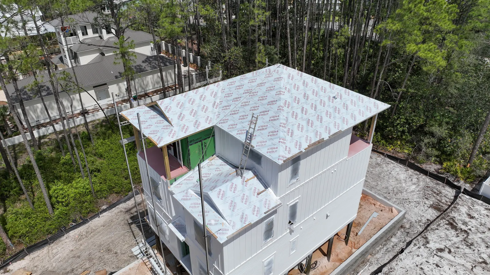 Residential roof framing viewed from an aerial position