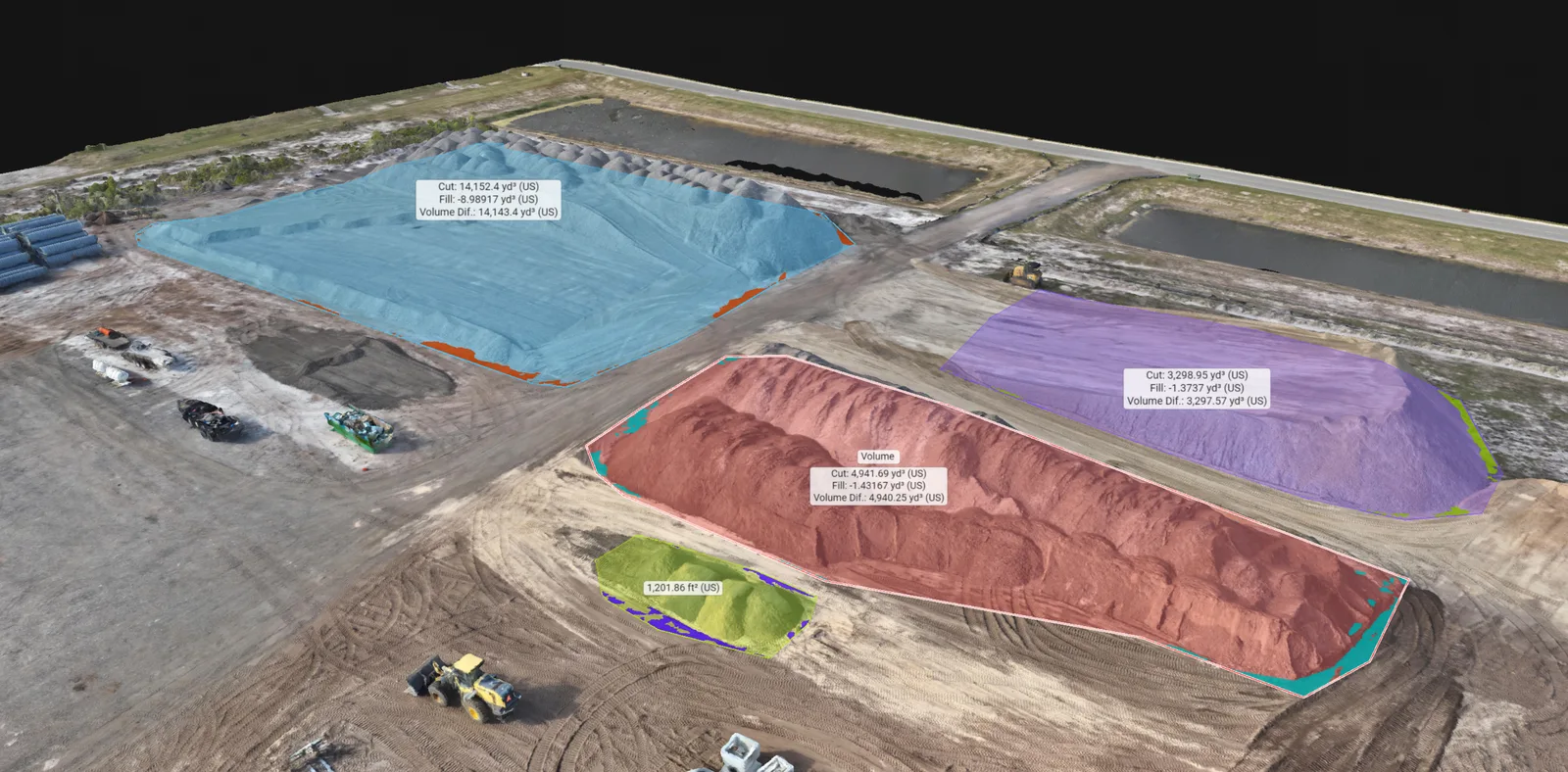 Stockpile model with colored measurement boundaries and displayed volume labels